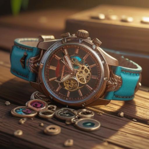A close-up of a broken watch strap lying on a wooden table, a lucky charm beside it, a gentle light illuminating the scene, warm colors, a sense of nostalgia, detailed textures, contrasting shadows, capturing the essence of hope and resilience, 4k