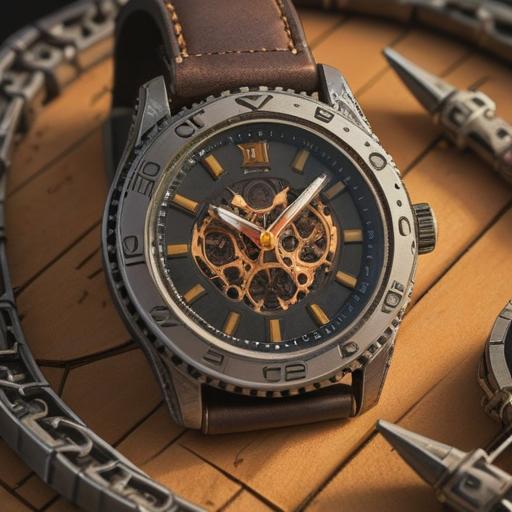 A conceptual illustration of a broken watch strap, showcasing a close-up view of the severed leather and metal pieces, sunlight streaming through the gaps, representing a new perspective on time, abstract reflections in the watch glass, vibrant colors, serene atmosphere, artistic composition, 4k