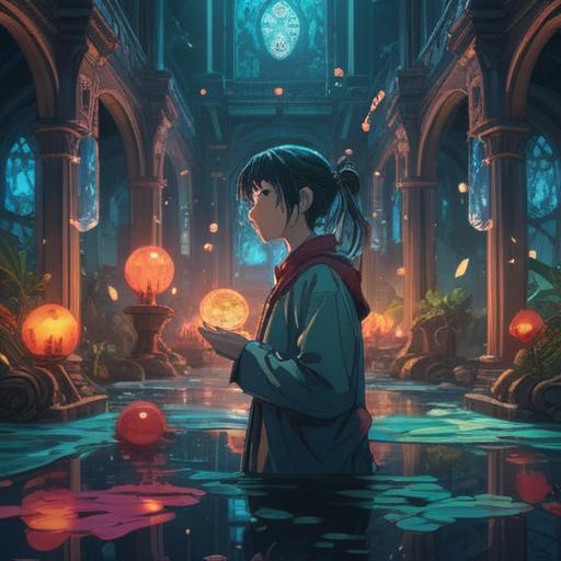 A person looking puzzled and reflective, standing in a serene environment, surrounded by floating hourglasses and mystical symbols, a sense of lost time and a spiritual journey, soft ethereal lighting, natural elements like trees and flowing water, vibrant colors blending with calm tones, introspective expression, 4k