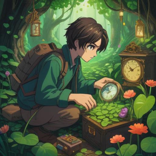 A vibrant and whimsical scene depicting a person searching for a lost watch, surrounded by charming lucky items like a four-leaf clover, a lucky cat, and a horseshoe, bright colors, dynamic composition, expression of hope and determination, detailed environment set in a cozy room, 4k