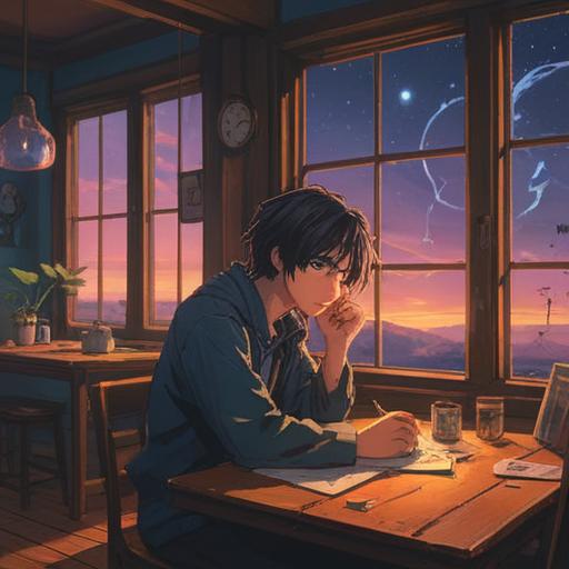 A reflective scene of a person sitting alone at a table, looking at an empty wrist, a ticking clock in the background symbolizing time, scattered notes and sketches representing thoughts and emotions, gentle sunlight filtering through a window, soft focus, warm colors, a sense of renewal and introspection, 4k