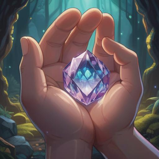A serene illustration of a person's hand gently holding a lucky crystal, soft light illuminating the crystal's facets, a comforting aura surrounding the hand, hints of soothing colors in the background, warm and tranquil atmosphere, detailed portrayal of relaxation and healing, 4k