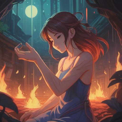 A serene scene depicting a person gently massaging their own arm, surrounded by ethereal light, symbolic representations of pain transitioning into healing energy, soft colors illuminating the face, peaceful expression, nature-inspired background with trees and flowing water, intricate details highlighting a spiritual connection, 4k