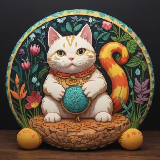 A whimsical illustration of a lucky charm for arm pain relief, featuring a soft cushion shaped like a lucky cat, surrounded by herbal remedies and acupuncture needles, bright and cheerful colors, a cozy room setting, calming atmosphere, intricate patterns, 4k