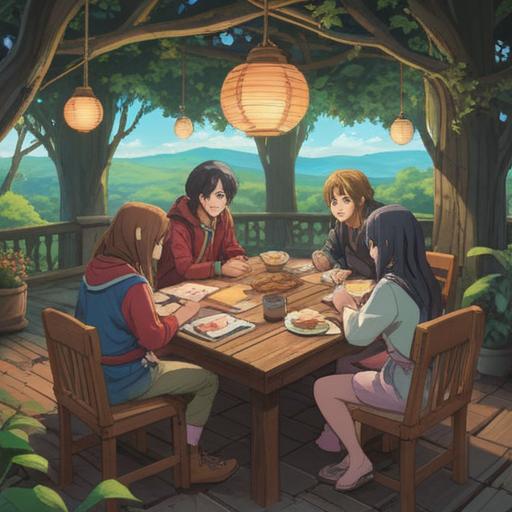 A serene landscape featuring a diverse group of people gathered around a large wooden table, actively discussing and sharing ideas, colorful sticky notes and papers scattered everywhere, a cozy coffee shop setting with warm lighting, plants in the background, emotional expressions of collaboration, vibrant atmosphere, 4k