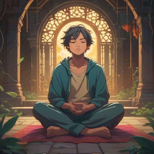 A serene and introspective scene depicting a person sitting cross-legged, eyes closed in meditation, surrounded by soft ethereal light, symbolic representations of energy flow emanating from their shoulders, vivid imagery of celestial signs like stars and moons in the background, a gentle breeze swaying surrounding foliage, a tranquil and peaceful atmosphere, reminders of inner awareness and spiritual connectivity, 4k