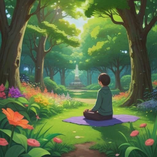 A serene and tranquil scene depicting a person practicing mindfulness meditation in a lush green park, surrounded by blooming flowers and tall trees, with a gentle stream flowing nearby, soft sunlight filtering through the leaves, harmonious atmosphere, peaceful expression, detailed environment, promoting balance and well-being, 4k