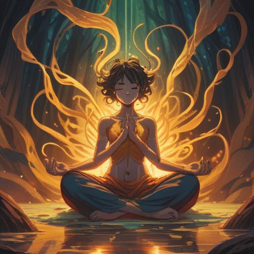 A serene illustration depicting a person with heavy arms in a meditative pose, soft golden light surrounding them, symbolizing energy flow, gentle aura reflecting spiritual awakening, nature-inspired setting with lush greenery and gentle winds, harmony and balance, ethereal atmosphere, calming presence, 4k