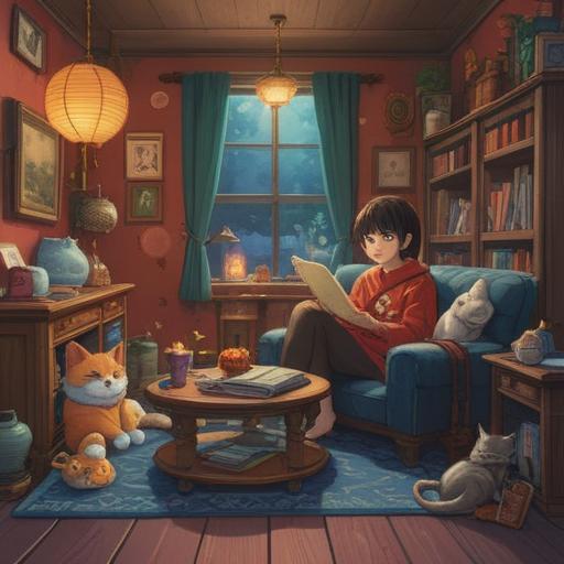 A cozy indoor scene, a person relaxing on a comfy couch, surrounded by lucky charm items, such as a small fortune cat, colorful crystals, and a herbal tea cup, warm lighting, inviting atmosphere, serene expression, soft textures, 4k