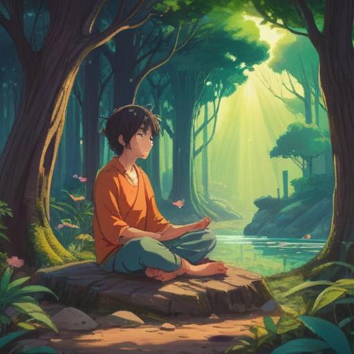 A serene and calming scene depicting a person meditating in a peaceful environment, gentle light filtering through trees, soft colors creating a harmonious atmosphere, an aura of healing energy around the person, symbolic illustrations of spiritual growth and awareness, an embodiment of pain as a transformative experience, vibrant nature surrounding the scene, tranquility and introspection, 4k