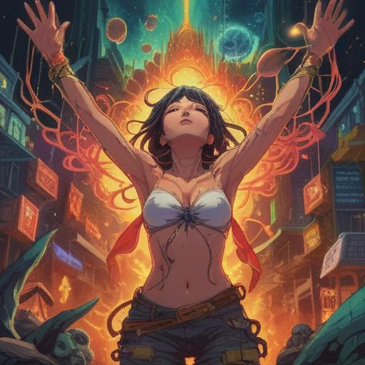 A surreal illustration depicting a person experiencing an itch under their armpit, vibrant energy radiating from the area, symbols of spiritual awakening surrounding them, bright colors representing good omens, serene facial expression, ethereal atmosphere, interconnectedness with the universe, 4k