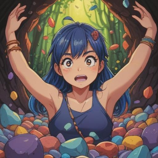 A whimsical illustration of a person scratching their armpit, surrounded by playful, colorful lucky stones, a lighthearted expression on their face, vibrant background, magical atmosphere, humor and charm, detailed textures, 4k