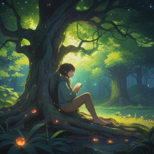 A serene and introspective scene, a person sitting beneath a large tree, soft light filtering through the leaves, surrounded by gentle glowing orbs, whispers of positive energy, a peaceful expression on their face, nature's healing ambiance, ethereal and calming, symbols of spiritual enlightenment, 4k