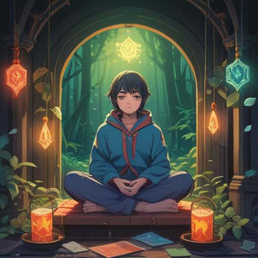 A serene illustration depicting a person sitting quietly in a contemplative pose, surrounded by ethereal, glowing symbols representing spiritual signs, soft light filtering through trees, a gentle breeze rustling leaves, an aura of calmness, hints of fatigue visible on the person's face, tranquil natural setting, mindfulness theme, 4k