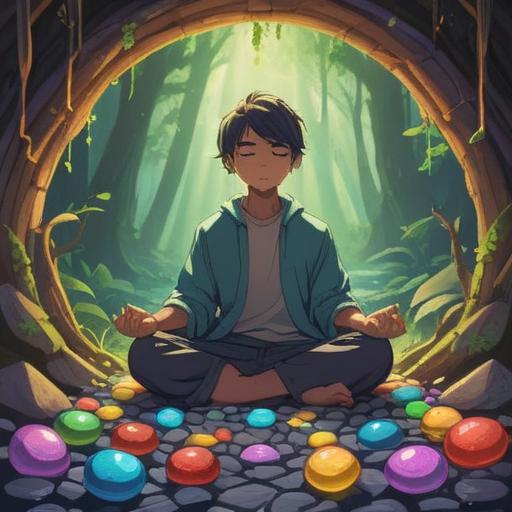 A serene and calming illustration, featuring a person meditating with a collection of colorful lucky stones around them, gentle light emanating from the stones, lush greenery in the background, tranquil atmosphere, soft textures, peaceful expression, harmonious energy, 4k