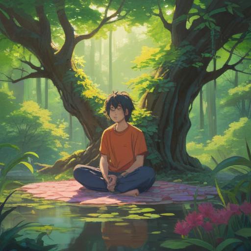 A serene landscape illustrating a person meditating under a large, blossoming tree, gentle sunlight filtering through the leaves, calming water nearby reflecting the sky, colorful flowers surrounding the scene, peaceful expression on the person's face, soft breeze depicted by the rustling leaves, vibrant colors, harmonious atmosphere, 4k