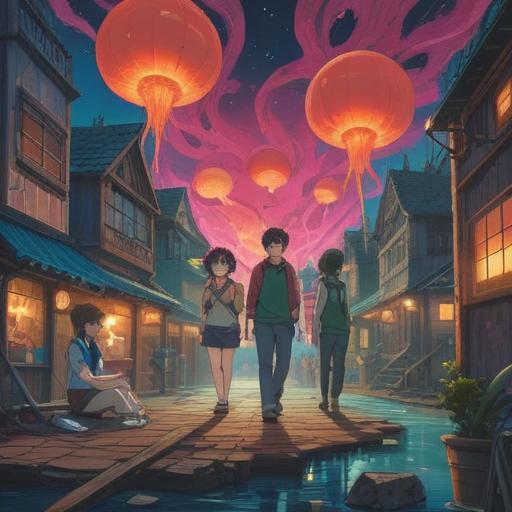 A surreal scene depicting a group of people engaged in conversation but appearing disconnected and distant, symbolic representations of their inner thoughts floating above their heads, contrasting emotions portrayed through facial expressions, dreamlike colors and ethereal lighting, an atmosphere of introspection and confusion, elements of nature intertwining with the figures to symbolize spiritual insight, 4k