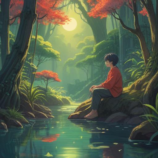 A mystical scene depicting a person sitting in a serene, nature-filled environment, looking contemplative, ethereal light surrounding them, subtle signs of spiritual energy in the air, beautiful flora representing growth and awareness, gentle breeze symbolizing change, soft color palette, dreamy atmosphere, 4k