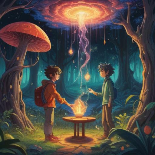 A whimsical illustration of a conversation between two people with mismatched interests, an object glowing with a magical aura between them, vibrant colors, enchanting atmosphere, a bright, lucky charm prominently displayed, expressions of surprise and joy, intricate details surrounding the scene, 4k