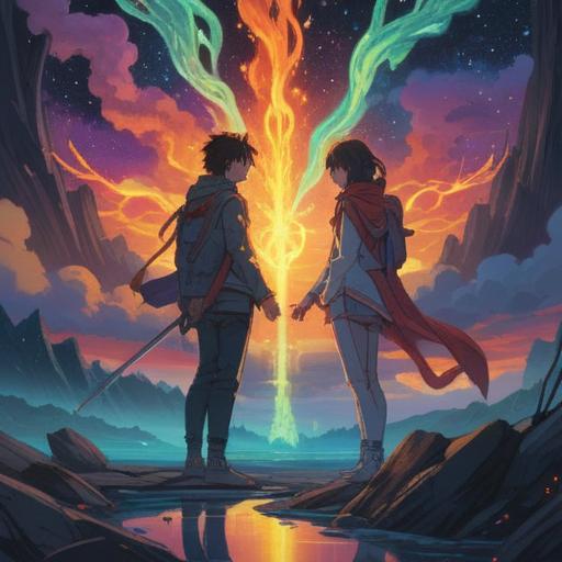 A captivating spiritual illustration, ethereal atmosphere, two figures gazing at each other across a vast space, invisible connection symbolized by glowing energy, mystical symbols floating around them, intrigue and wonder in their expressions, deep emotional resonance, 4k