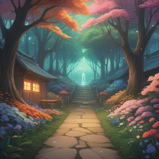 A serene and ethereal landscape, soft glowing lights, a path lined with blooming flowers, a sense of peace and tranquility, gentle flowing river, symbols of spiritual guidance, vibrant colors, harmonious energy, lush greenery, uplifting atmosphere, 4k