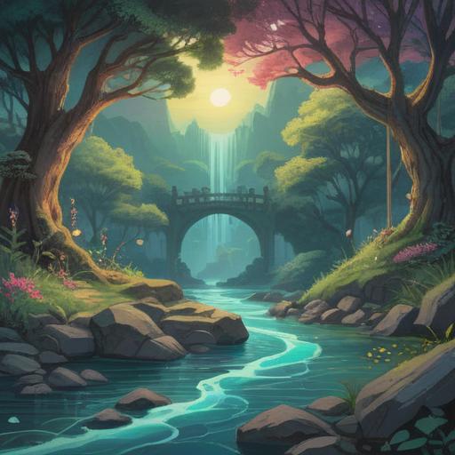 A serene illustration depicting the allure of spirituality, mystical symbols intertwined with nature, a tranquil setting by a flowing river, ethereal light filtering through trees, a figure meditating peacefully, vibrant energy surrounding them, gentle whispers of the universe, harmonious colors, inviting atmosphere, 4k