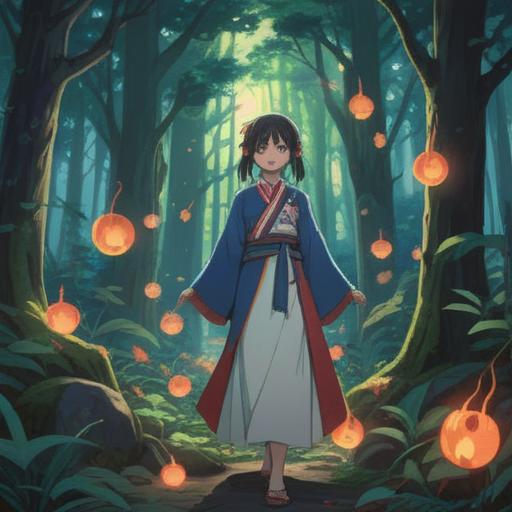 A serene depiction of Yatohime no Mikoto, surrounded by ethereal spirits, sacred symbols illuminating the scene, tranquil forest setting with shimmering light, elegant flowing garments, deep connection to nature, conveying spiritual enlightenment and harmony, 4k