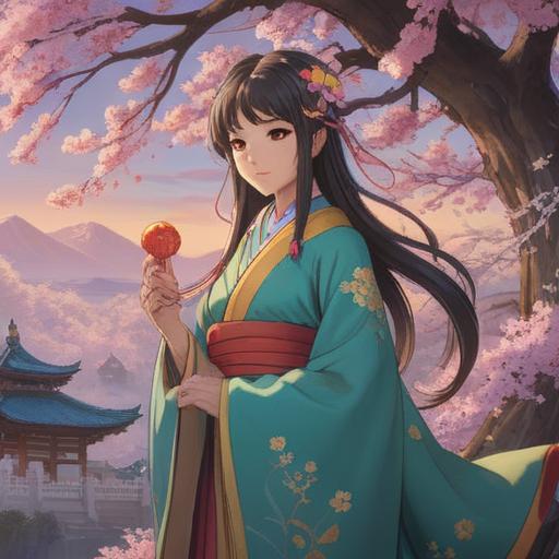 A mystical representation of Yamato-hime, surrounded by ethereal light, symbols of prosperity and fortune, serene landscape with cherry blossoms, gentle flowing river, celestial elements suggesting divine guidance, harmonious colors blending with nature, detailed texture showing the tranquility of the scene, spiritual aura radiating from the character, 4k