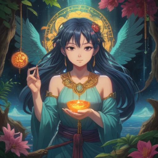 A serene and mystical depiction of the goddess Yata no Kagami, surrounded by symbolic elements representing spiritual signs, ethereal light glowing softly, cherry blossoms gently falling, traditional Japanese architecture in the background, a tranquil forest setting, subtle hints of divination tools, harmonious color palette, peaceful and contemplative atmosphere, intricate details, 4k