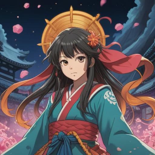 A mystical scene depicting the divine powers of Yamato Hime, lucky charm items scattered around, shimmering light, traditional Japanese elements, serene natural background, ethereal aura, intricate patterns on charms, vibrant colors, 4k