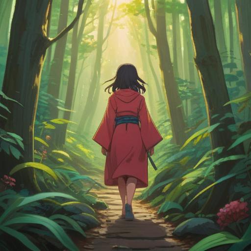 A serene illustration of a young woman walking through a tranquil forest, guided by the spirit of Yamato-hime, gentle sunlight filtering through the trees, soft whispers of nature, peaceful expressions, a sense of mindfulness, harmonious connection with the surroundings, calming atmosphere, vivid colors, intricate detailing, 4k