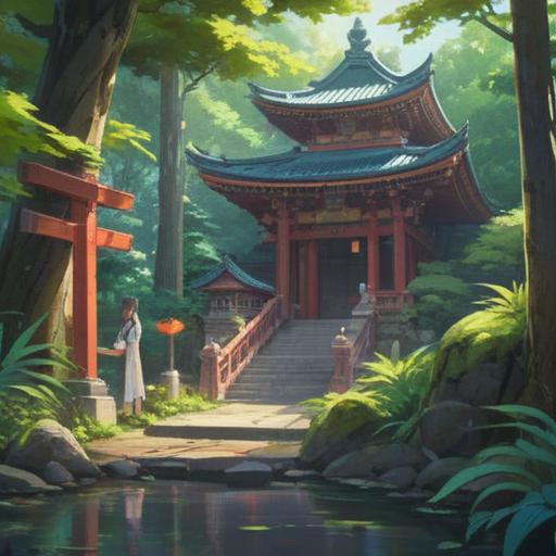 A serene illustration of the Yamato Hime Shrine, surrounded by lush greenery, soft sunlight filtering through trees, a tranquil atmosphere, subtle spiritual signs like shimmering orbs and gentle breeze, visitors deep in contemplation, traditional architecture, harmonious nature, 4k