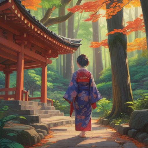 A serene spiritual scene at Ise Shrine, featuring a young woman in traditional kimono holding a lucky charm, surrounded by tall sacred trees, gentle sunlight filtering through leaves, peaceful atmosphere, intricate details of the shrine architecture, soft blooming flowers, cultural symbols, 4k
