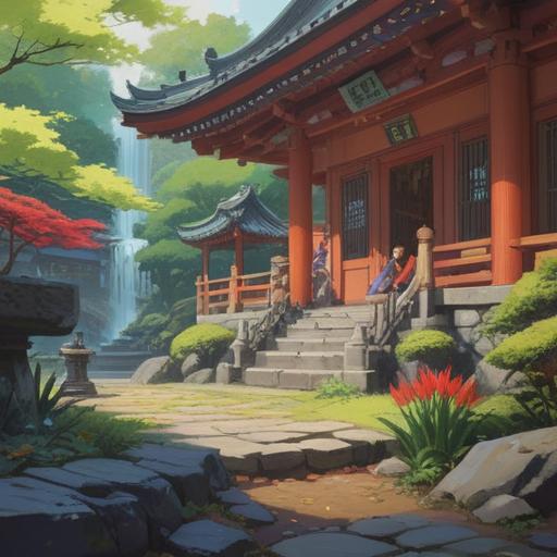 A serene Japanese temple scene depicting the vibrant life of the people after worshiping at Ise Jingu, traditional Japanese items like talismans and amulets enhancing daily life, lush greenery surrounding the temple, clear blue sky, peaceful atmosphere, rich cultural details, harmonious community, 4k