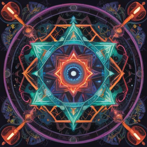 A mystical illustration depicting a hexagram, intricate geometric patterns, glowing energy radiating from the center, surrounded by ethereal symbols, cosmic background filled with stars, serene and spiritual atmosphere, harmonious balance of light and dark, 4k