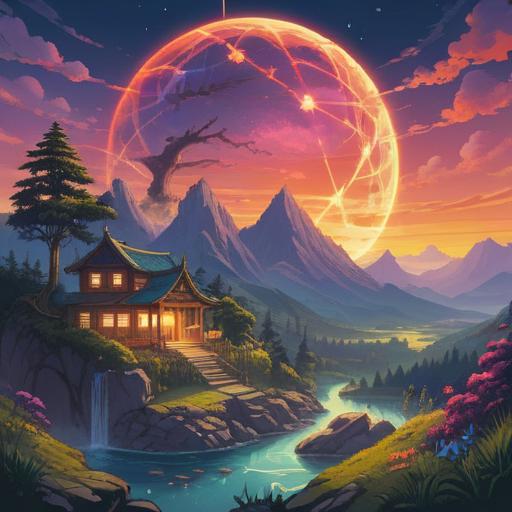 A mystical illustration of a hexagram glowing in a serene landscape, spiritual energy radiating around it, nature intertwined with symbols of good fortune, peaceful atmosphere, celestial elements in the sky, vibrant colors enhancing the sense of positivity, intricate details in the foreground and background, warm light filtering through trees, 4k