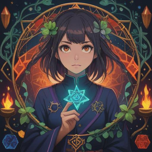 A mystical illustration featuring a hexagram, glowing with spiritual energy, surrounded by various lucky symbols like four-leaf clovers and crystals, a serene background with a night sky and ethereal light, enhancing the atmosphere of spiritual power and luck, intricate details, vibrant colors, 4k