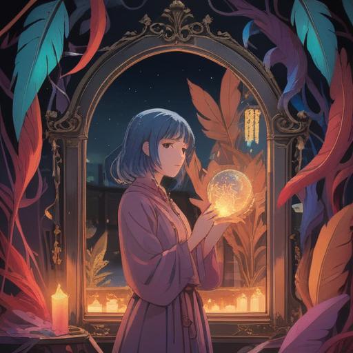 A person looking into a mirror, showing signs of aging, surrounded by ethereal lights, soft aura, symbolic spiritual elements like feathers and crystals, reflective expression depicting concern and awareness, mystical ambiance, 4k