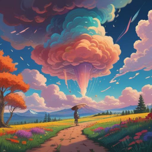 A whimsical scene featuring a colorful funnel cloud in the sky, vibrant rainbow colors emerging from the cloud, scattered lucky charms on the ground, a sense of wonder and mystery, enchanting landscape with rolling hills, bright sunlight piercing through the clouds, sparkling effects around lucky items, cheerful atmosphere, 4k