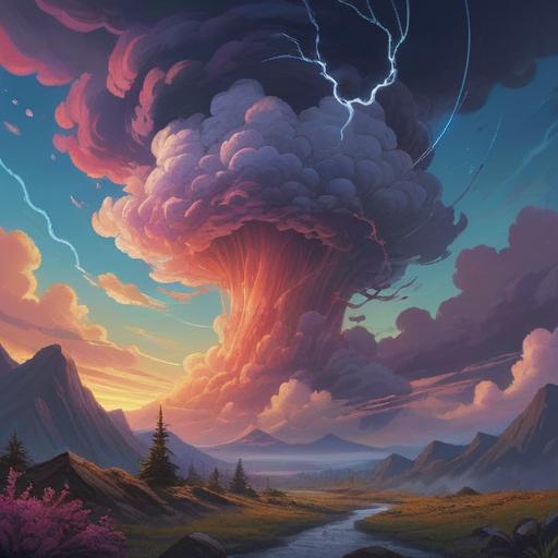 A mystical scene featuring a funnel cloud, conveying spiritual messages, ethereal lighting, swirling colors, dramatic sky, soft wisps of cloud, serene landscape below, hints of glowing symbols in the cloud, tranquil atmosphere, 4k