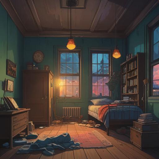 A haunting scene depicting a flickering light bulb, eerie shadows cast on the walls, a sense of unease in the atmosphere, spiritual symbolism represented by ghostly figures in the background, a warning aura surrounding the light, tension-filled ambiance, dark color palette, 4k