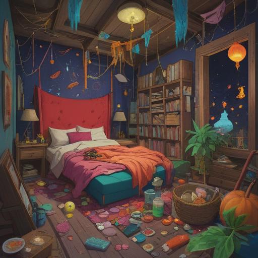 A thought-provoking illustration depicting the concept of abundance and wastefulness, vibrant colors, a character surrounded by overflowing material possessions, contrasting with a serene spiritual figure, visual metaphor for emotional conflict, rich details in the background representing both chaos and peace, 4k