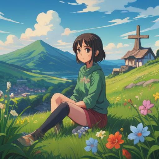 A serene landscape under a clear blue sky, a peaceful person sitting cross-legged on a green grassy hill, surrounded by blooming flowers, gentle breeze, soft sunlight, meditative pose, subtle smile, ethereal light, nature sounds, harmonious atmosphere, tranquility, 4k