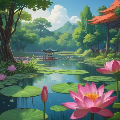 A serene landscape featuring a blooming lotus flower, vibrant pink and white petals, surrounded by lush green foliage, tranquil waters reflecting the sky, soft sunlight filtering through, evoking feelings of peace and spirituality, symbolizing rebirth and enlightenment, detailed textures, 4k