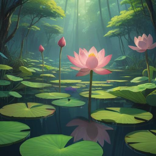 A serene depiction of a lotus flower, symbolizing spiritual enlightenment, blooming on the surface of a tranquil pond, surrounded by lush greenery, soft sunlight filtering through the leaves, calm water reflecting the flower's beauty, peaceful atmosphere, ethereal essence, vibrant colors, high detail