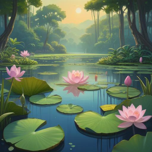 A serene scene featuring a blooming lotus flower on a tranquil pond, surrounded by gentle ripples and lush green leaves, soft sunlight filtering through the trees, symbolic representations of peace and enlightenment, ethereal light illuminating the flower, calm water reflecting the lotus, harmonious colors, tranquil atmosphere, spiritual and uplifting essence