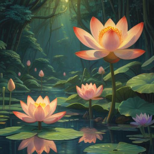 A serene and mystical scene featuring a blooming lotus flower, surrounded by shimmering water, soft golden light illuminating the petals, gentle ripples reflecting spiritual energy, ethereal aura, tranquil atmosphere, delicate butterflies fluttering nearby, symbolic meaning of awakening and spiritual growth, nature's serenity, 4k