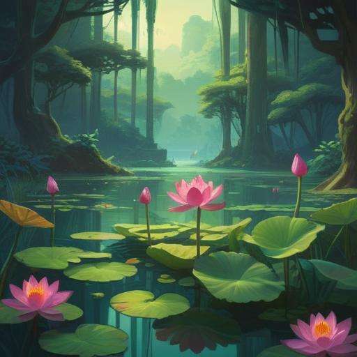 A serene, spiritual scene featuring a vibrant lotus flower blooming in a tranquil pond, soft light illuminating the petals, surrounded by lush green leaves, soothing water reflections, symbols of luck and positivity incorporated subtly in the background, ethereal atmosphere, harmonious colors, 4k