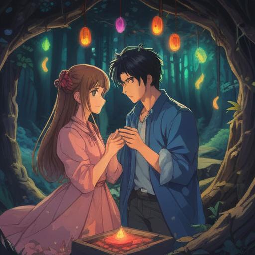 A romantic scene depicting a character receiving a message from their lover, a shimmering lucky stone in hand, a soft glow emanating from the stone, surrounded by a serene landscape, gentle breeze rustling the leaves, warm sunlight filtering through the trees, expression of joy and surprise on the character's face, vibrant colors, detailed texture, 4k