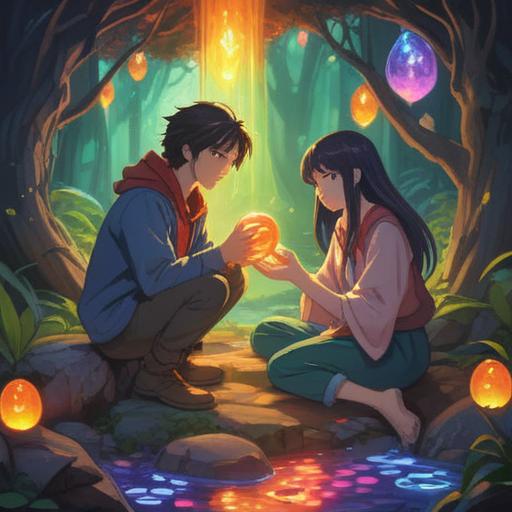 A serene and magical illustration, a couple exchanging heartfelt messages, glowing lucky stone in the foreground, vibrant colors, soft light illuminating the scene, lush greenery surrounding them, emotional expressions conveying connection, enchanting atmosphere, 4k